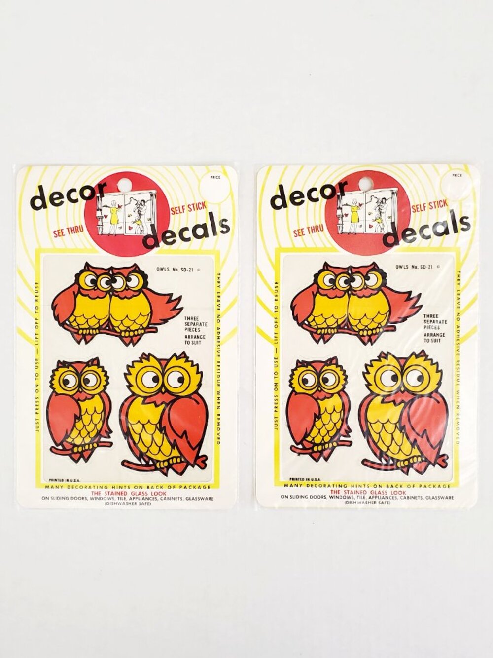 2x Vintage 70s OWLS Decor Decals See Thru Stained Glass Window Look Art Stickers